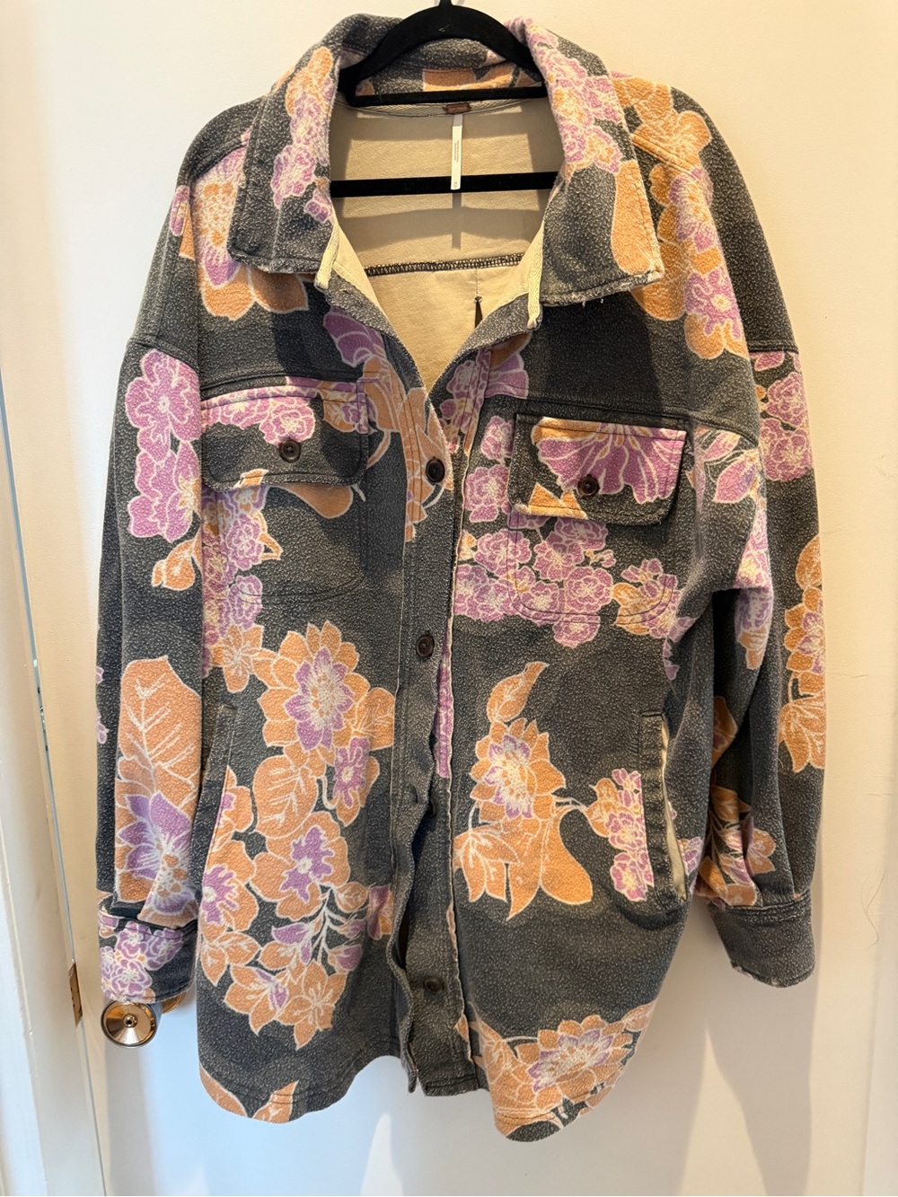 Free People Ruby Jacket M Charcoal Floral Oversized Shacket Boho $178